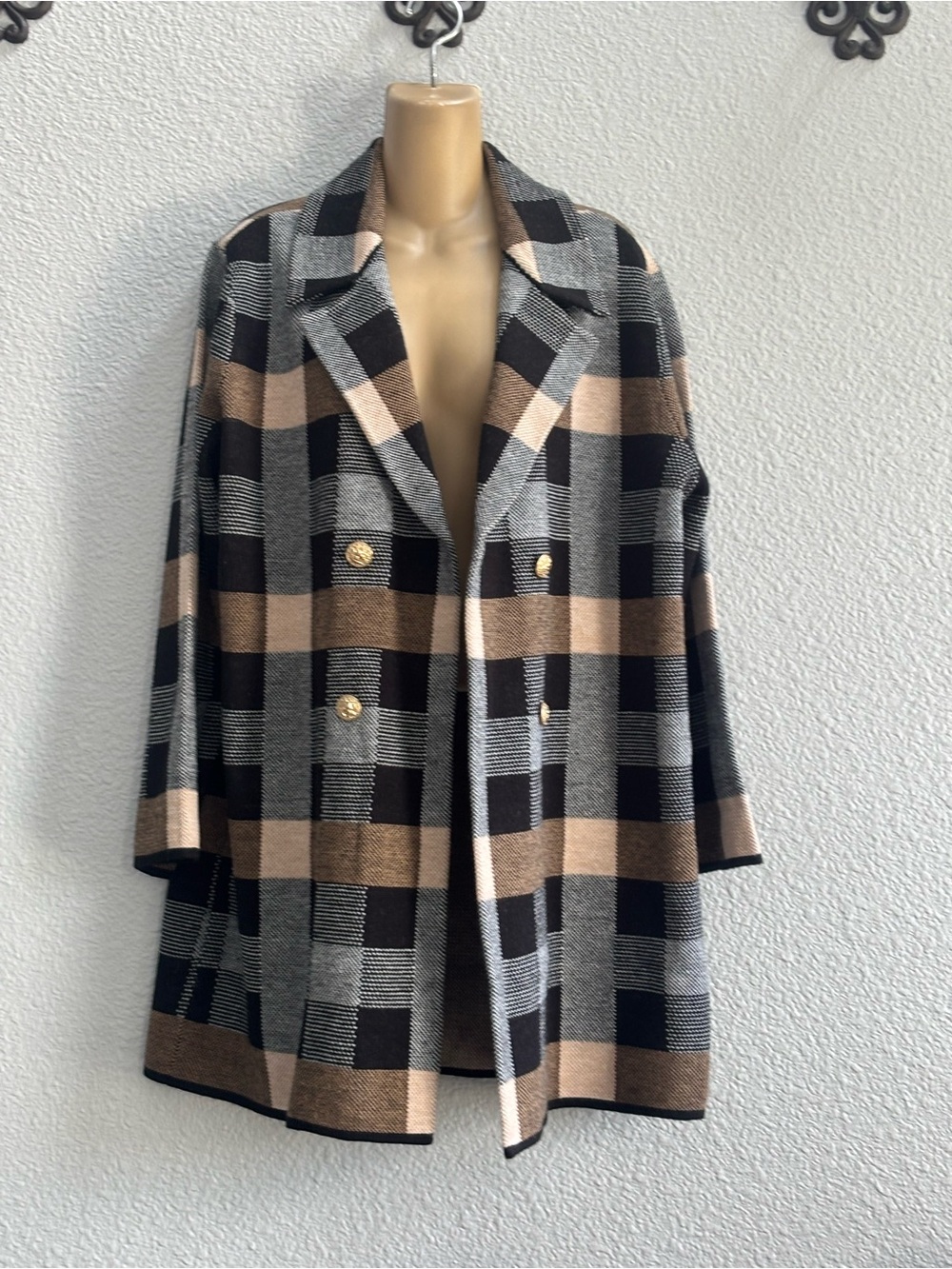 Anne Klein Checked Double-Breasted Blazer in Black, Gray & Brown | XL | NWT *